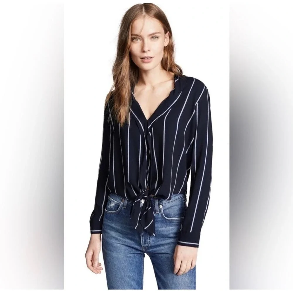 Rails Ava Livorno Blouse Stripe Navy Metallic Tie Front Top M Medium V Neck